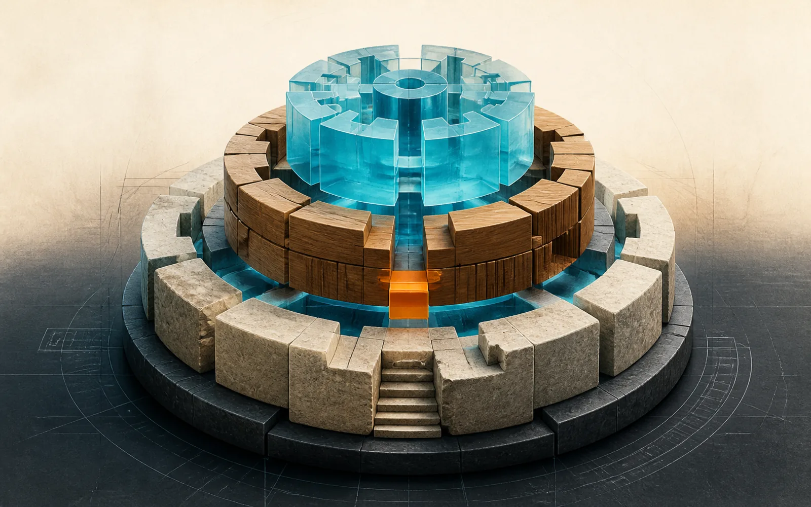 Concentric stone, wood, and cyan glass building blocks joined by an orange connector on a slate drafting surface.