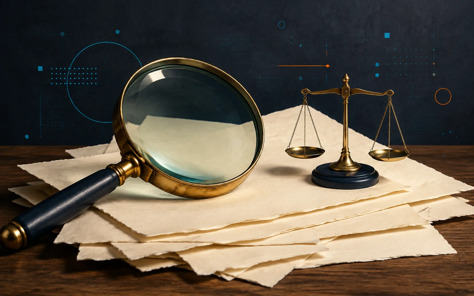 A brass magnifying lens and balanced scale resting on layered blank manuscript pages.