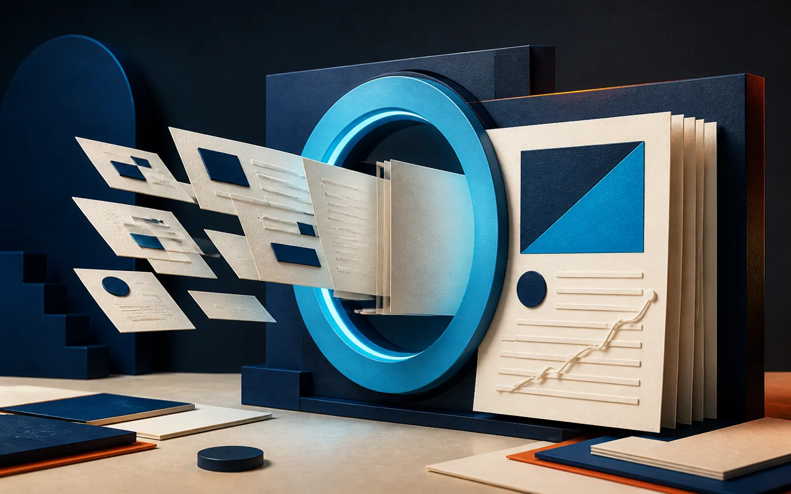 Layered documents pass through a cyan inspection aperture and emerge in a clear, accessible reading order.