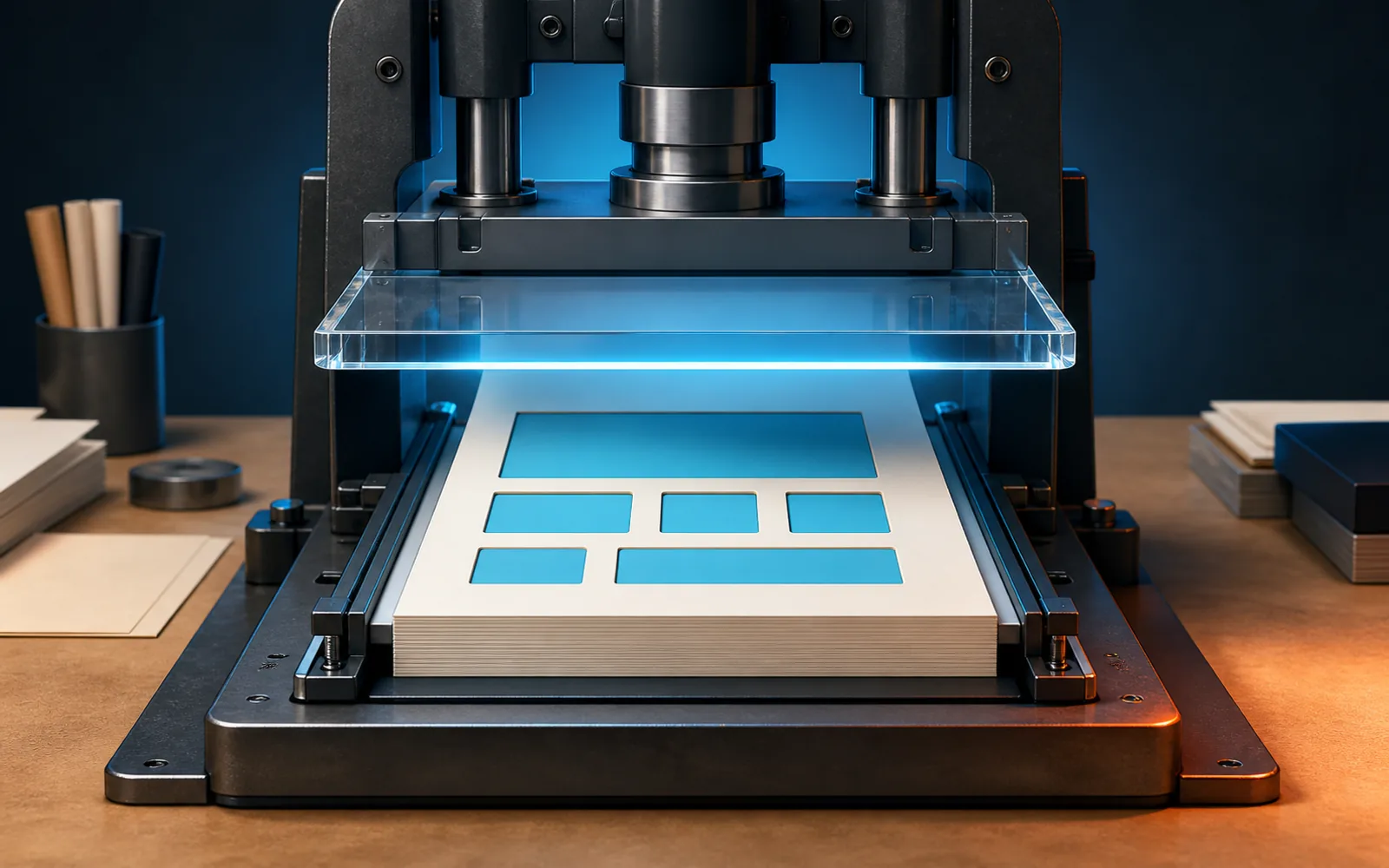 A precision press fills blank recessed fields on a paper form and seals the completed document under a transparent platen.