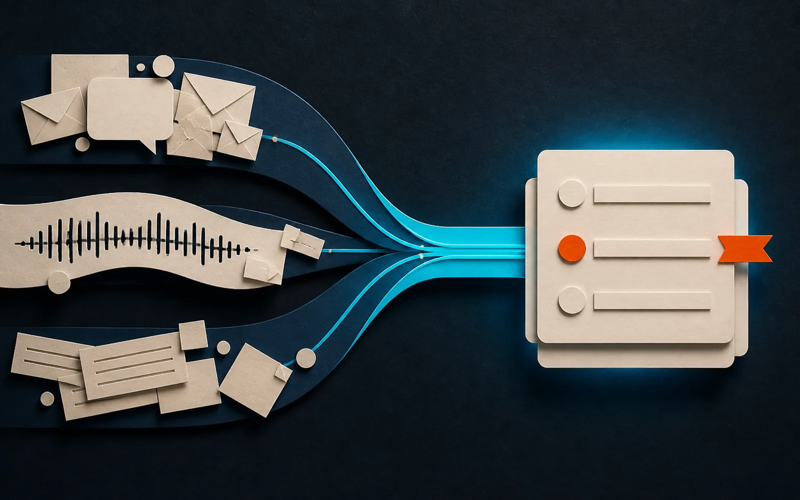Warm paper messages and an audio waveform converge through cyan paths into an organized priority checklist.