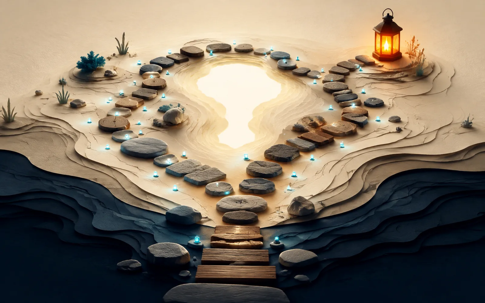 A winding path of stepping stones and cyan guide lights circles a bright opening toward an orange lantern.