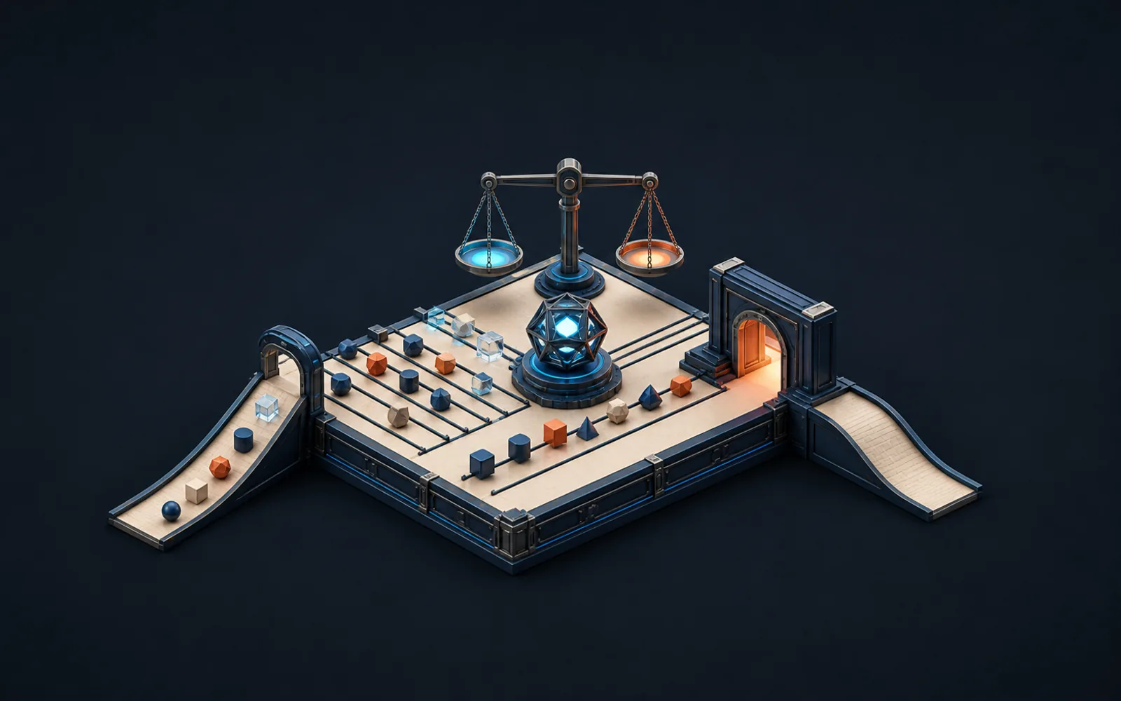 A complete input ramp carries varied test pieces through a faceted agent core, balance, and fully visible release gate.