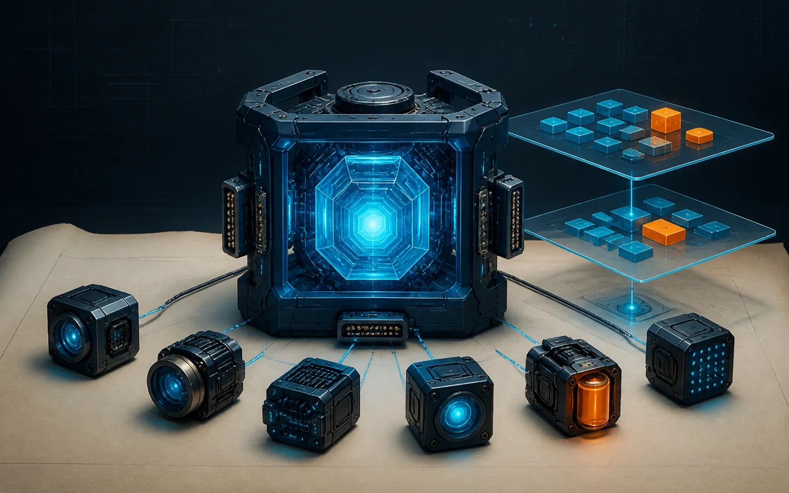 A glowing agent core sits in an open modular harness, linked to tool modules and two layered capability snapshots.
