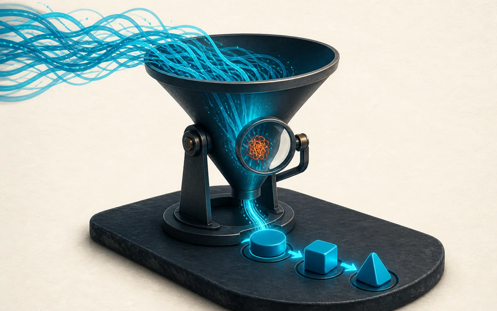 A dark diagnostic funnel filters tangled cyan signal strands, isolates an orange fault, and outputs three ordered repair tokens.
