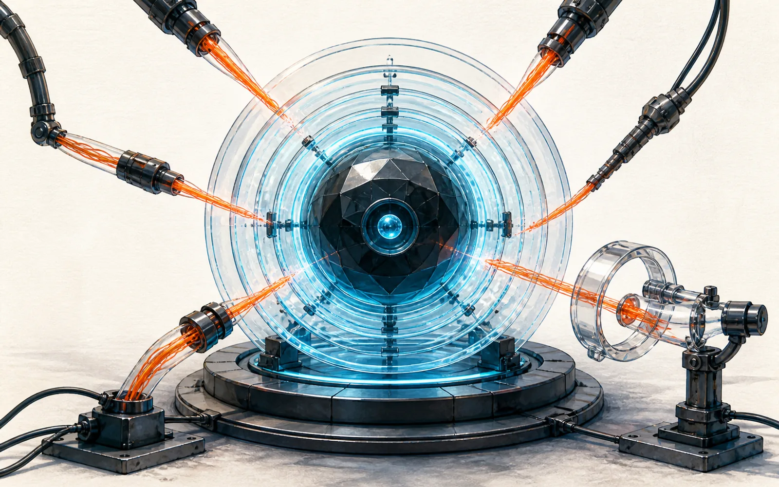 A faceted dark core sits behind concentric cyan shields while tethered orange probes stress-test its defenses in a controlled chamber.