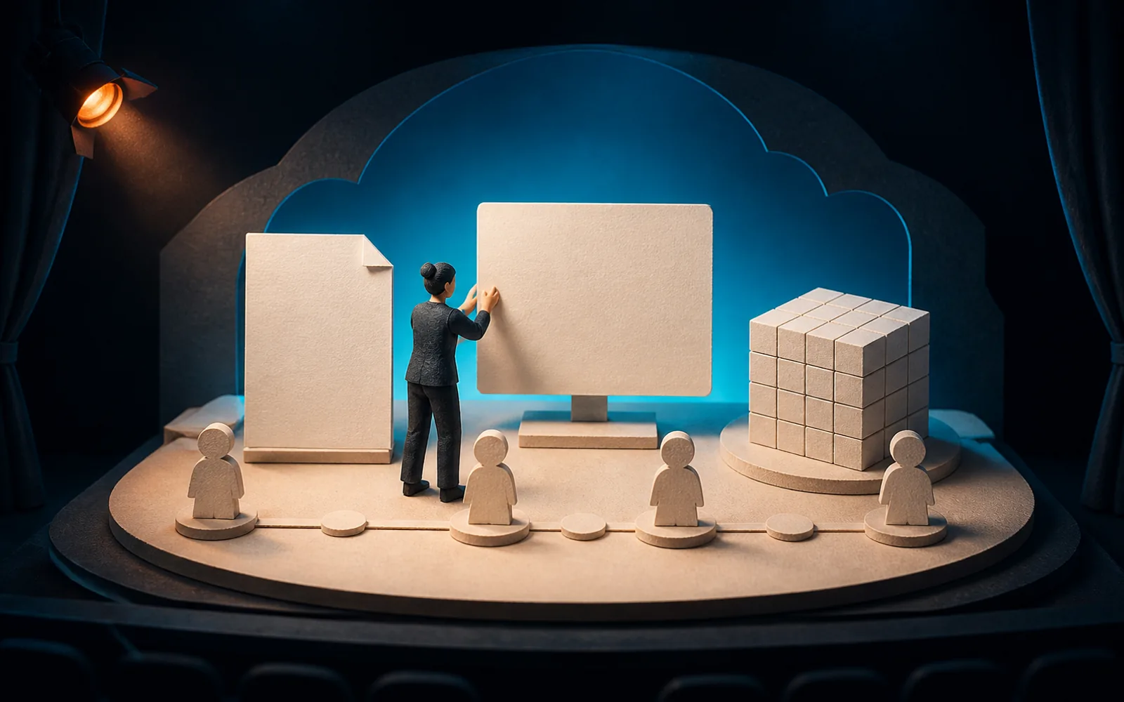 A stage manager arranges blank document, presentation, and data artifacts with persona markers on a miniature demo stage.