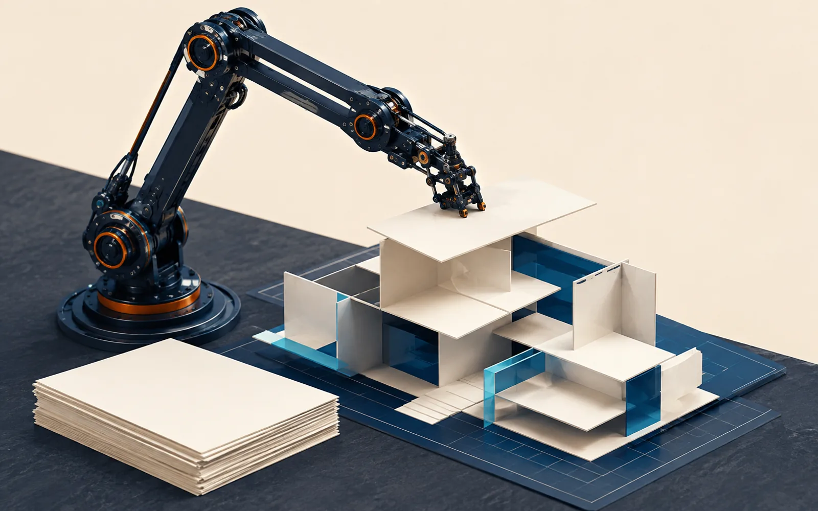 A navy mechanical drafting arm assembles blank paper planes into a layered architectural model.