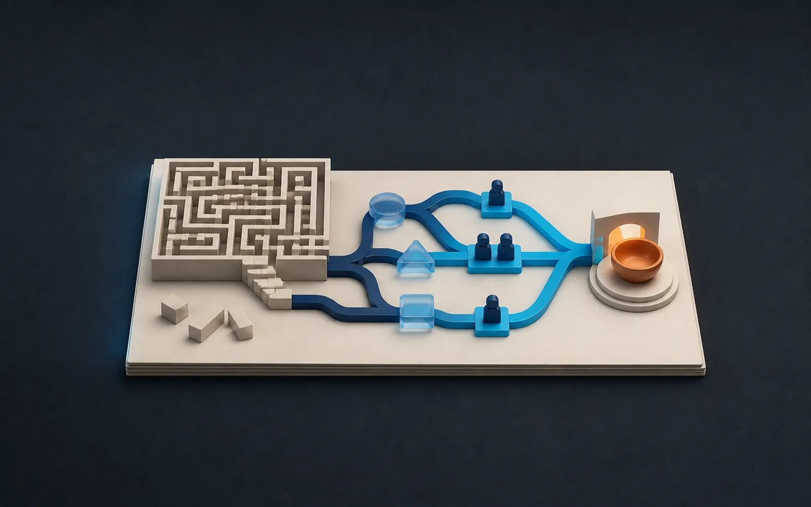 A complete legacy maze feeds into three clear AI-first paths and a fully visible human judgment gate.