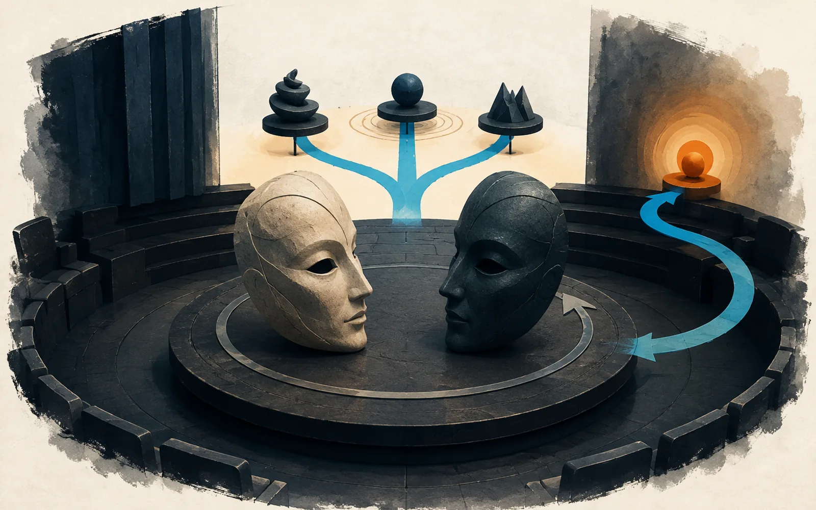 Two carved masks on a circular stage connect to branching scenario forms and an orange destination light.