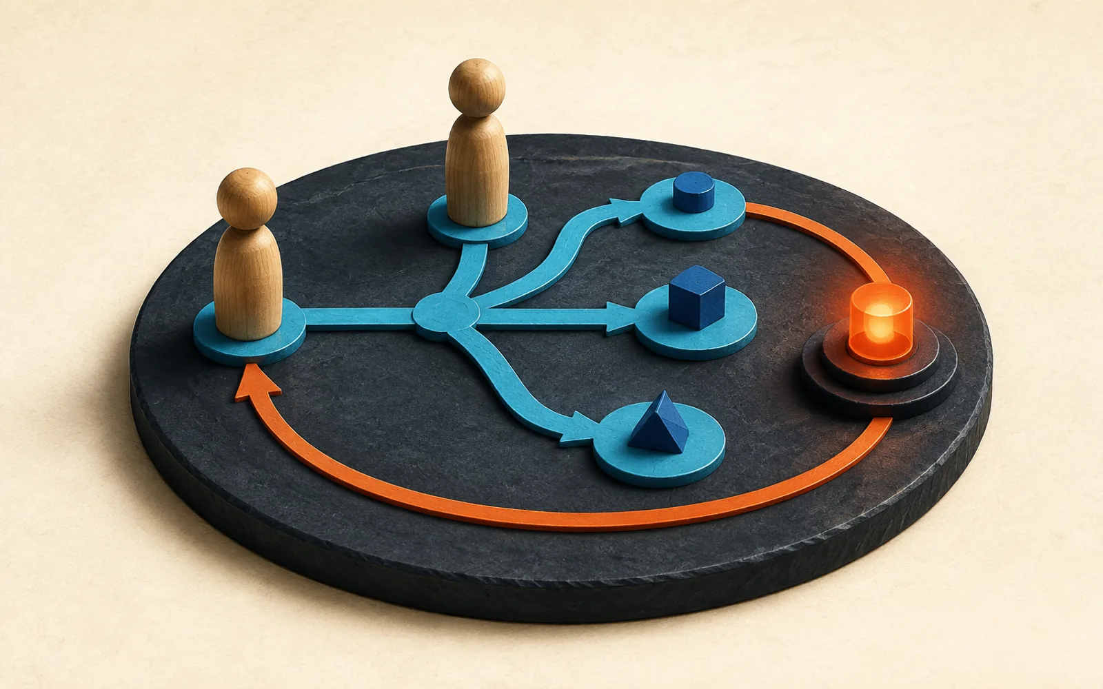 A circular rehearsal stage with wooden figures, branching cyan paths, and an orange feedback beacon.