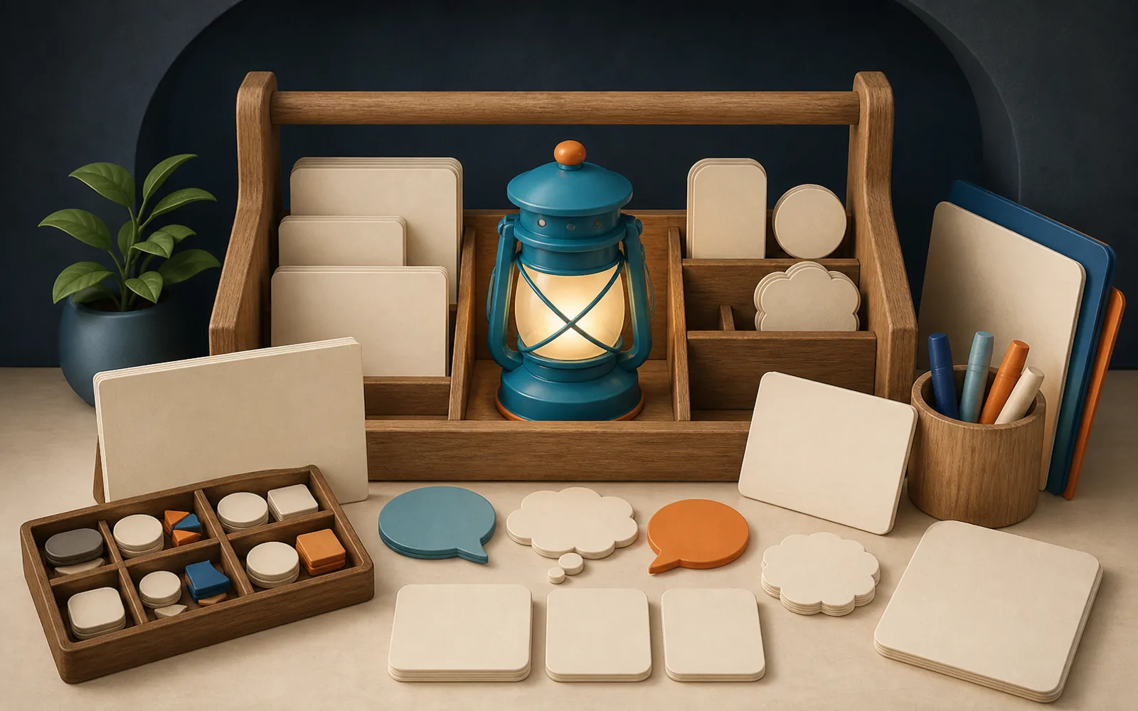 A wooden teaching toolkit holds blank cards, dialogue shapes, and a glowing cyan lantern.