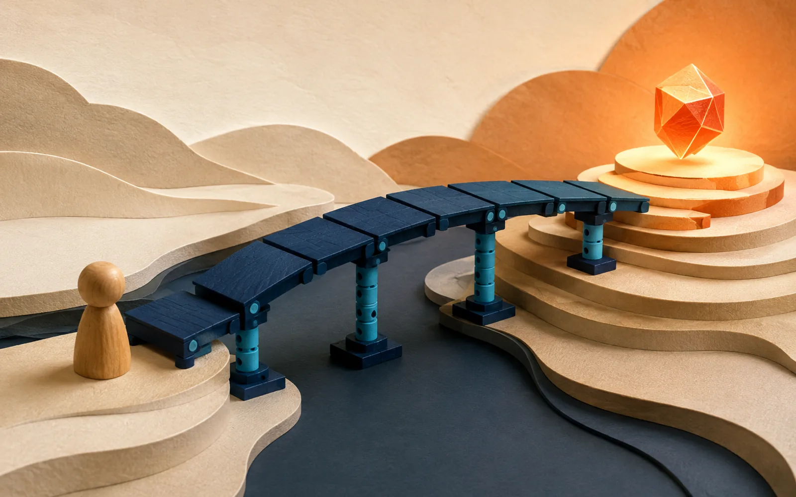 An adjustable navy bridge carries a wooden learner figure toward a glowing orange faceted object.