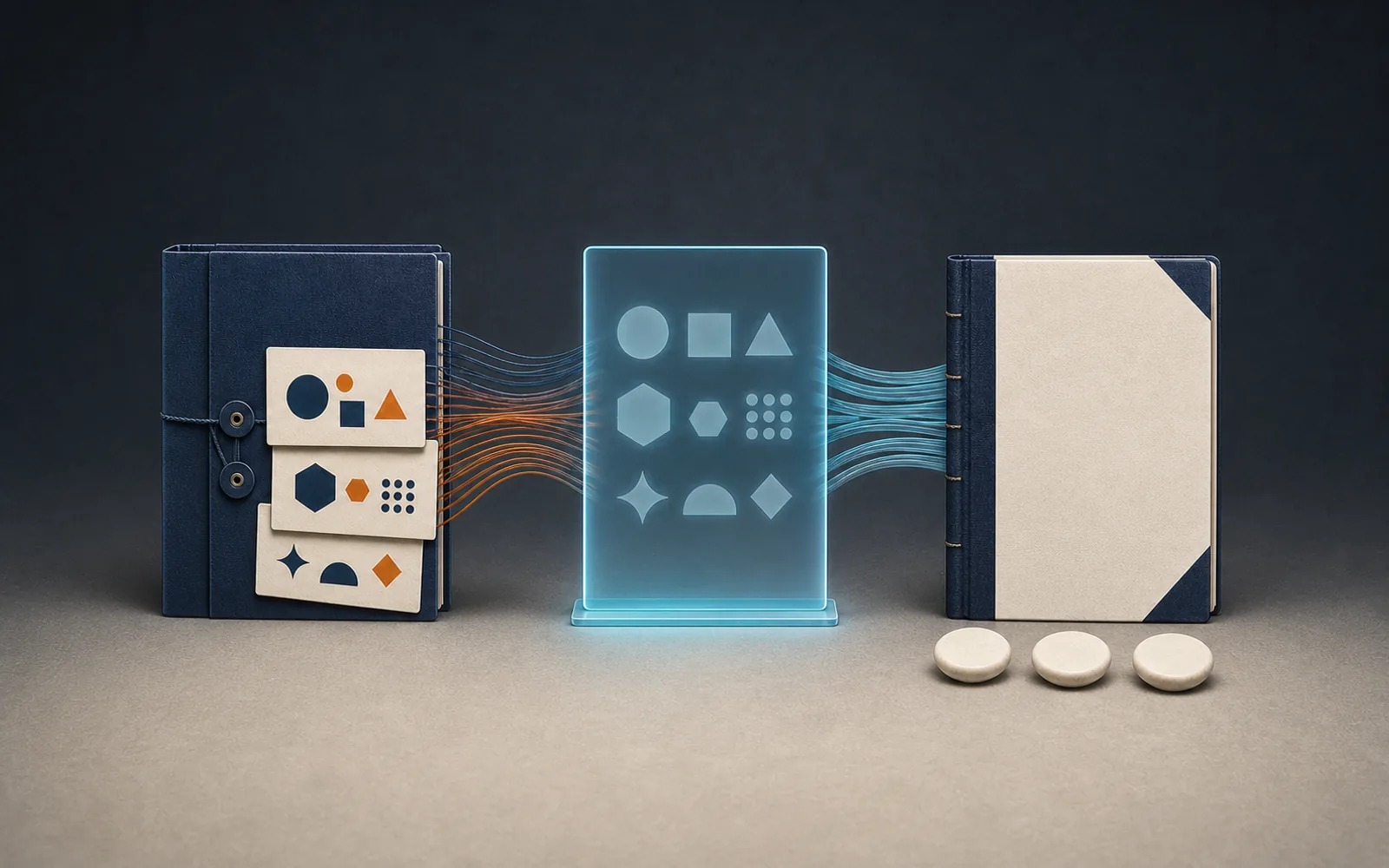 A complete confidential dossier passes through a privacy screen and becomes a complete blank case-study booklet with preserved evidence tokens.
