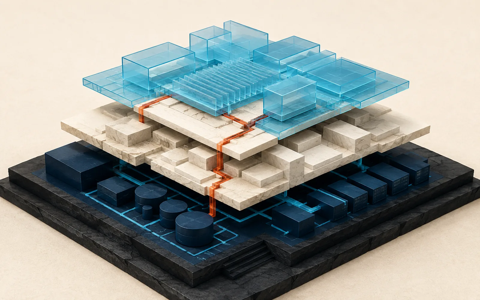 Layered cyan, paper, and navy architectural modules connect through orange conduits.
