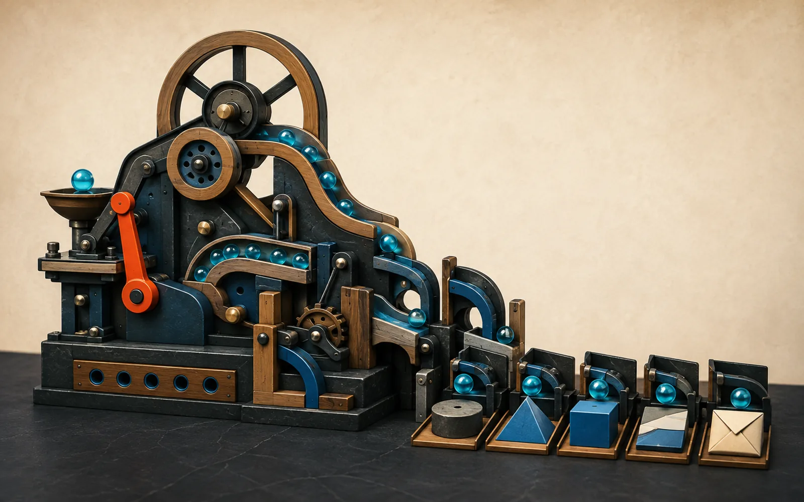 A handcrafted kinetic machine routes cyan glass beads into distinct physical output forms.