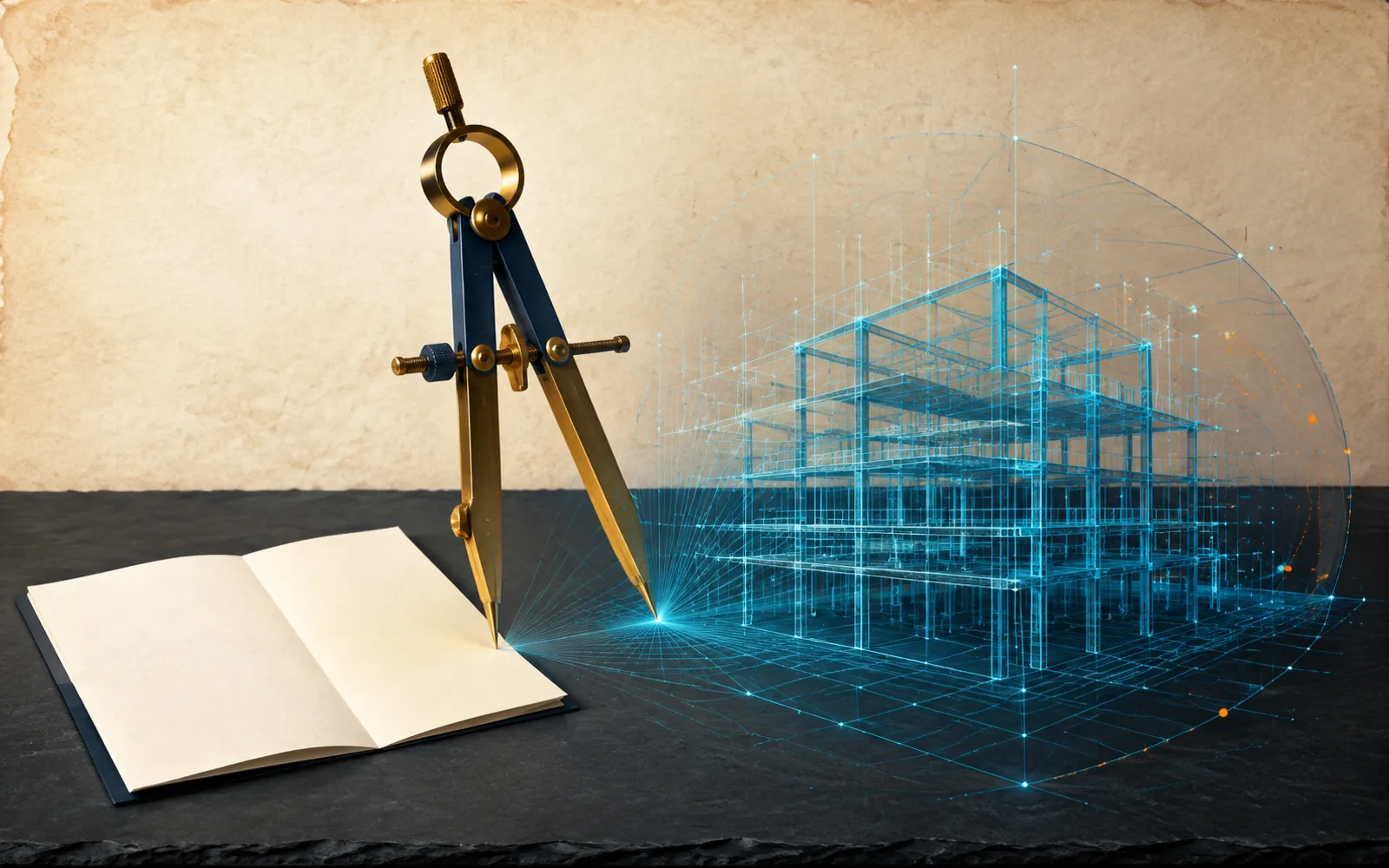 A brass drafting compass projects a cyan architectural framework from a blank open folio.