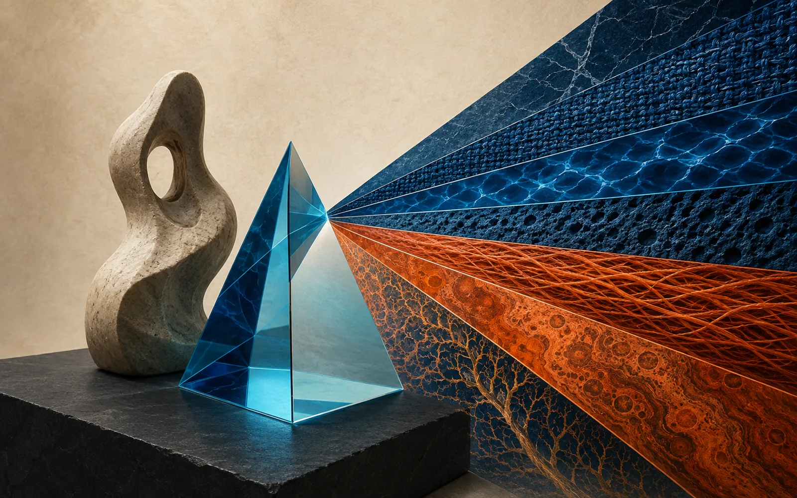 A cyan prism separates light from an abstract stone sculpture into layered material textures.