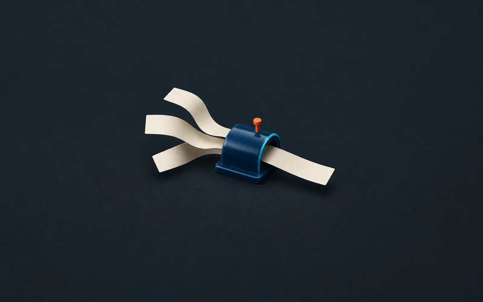 Tangled paper ribbons pass through a navy guide and emerge as one straight strip, illustrating clear technical instructions.