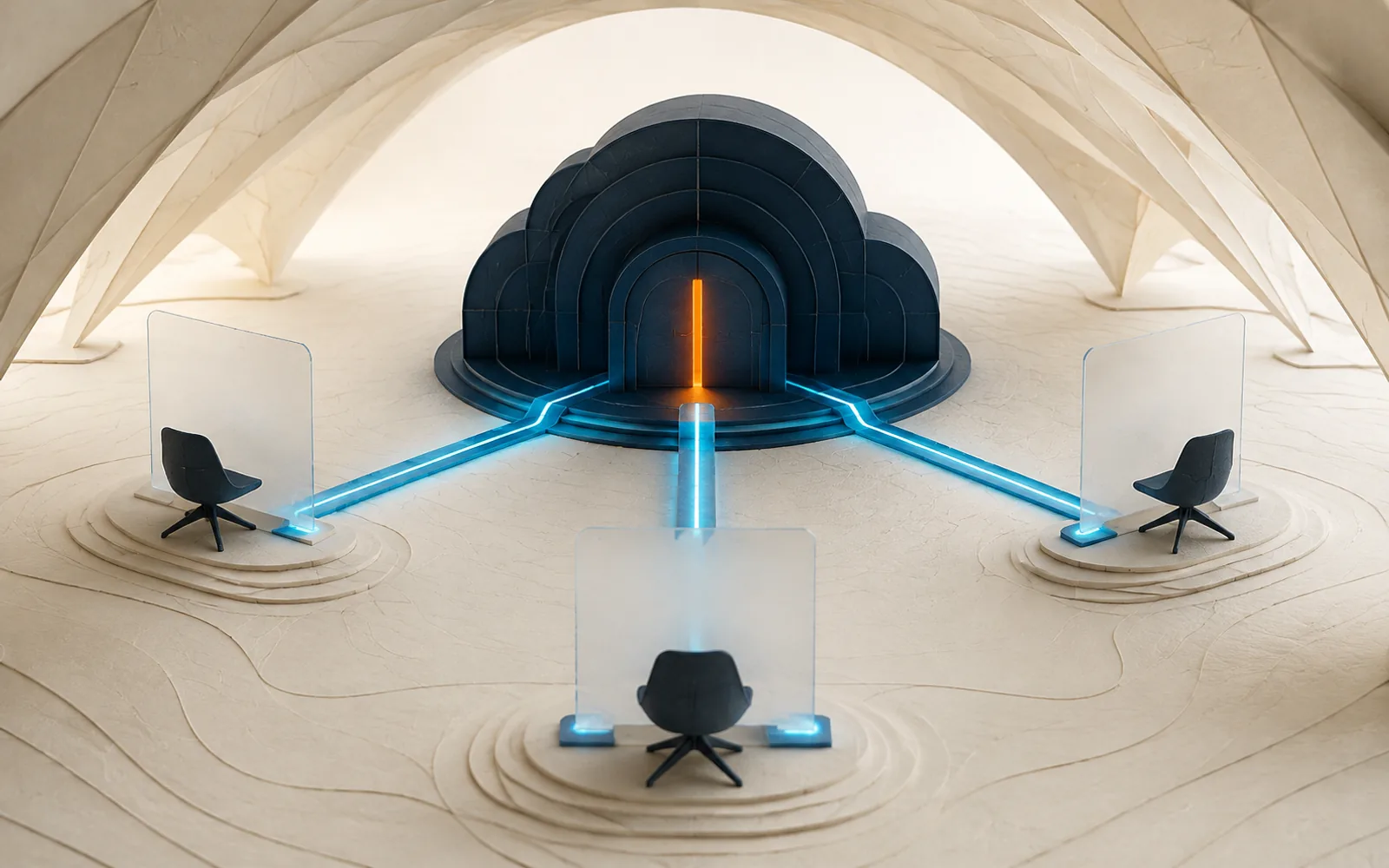 Three blank workstations connect by cyan paths to a dark vaulted hub with an orange light.
