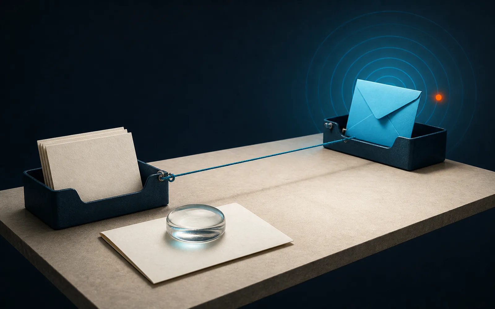 A sent envelope waits across a tether while an unsent follow-up draft rests under a glass weight.