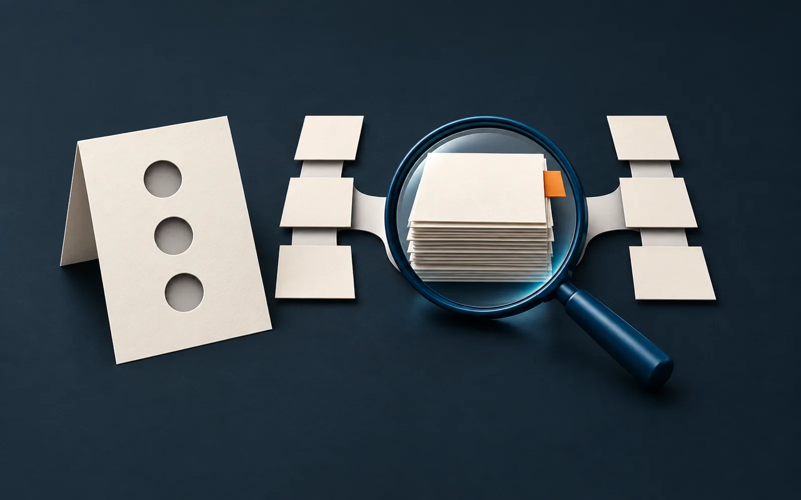 A blank ballot sheet and magnifying glass sit beside evidence cards and two separate paper paths for comparing qualifications and policy priorities.
