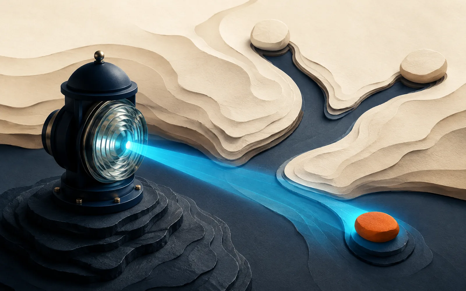 A precision navy lens casts a cyan beam across branching terrain toward an orange destination stone.