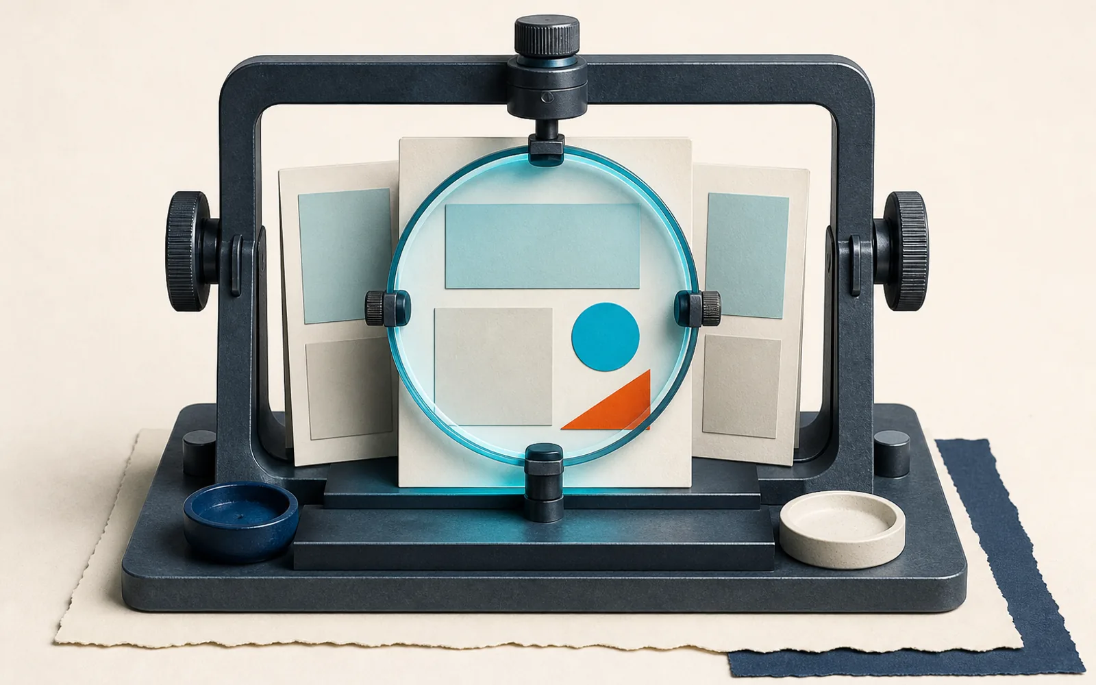 A dark editorial inspection frame examines three blank article sheets, revealing simple cyan content blocks and one orange priority wedge.
