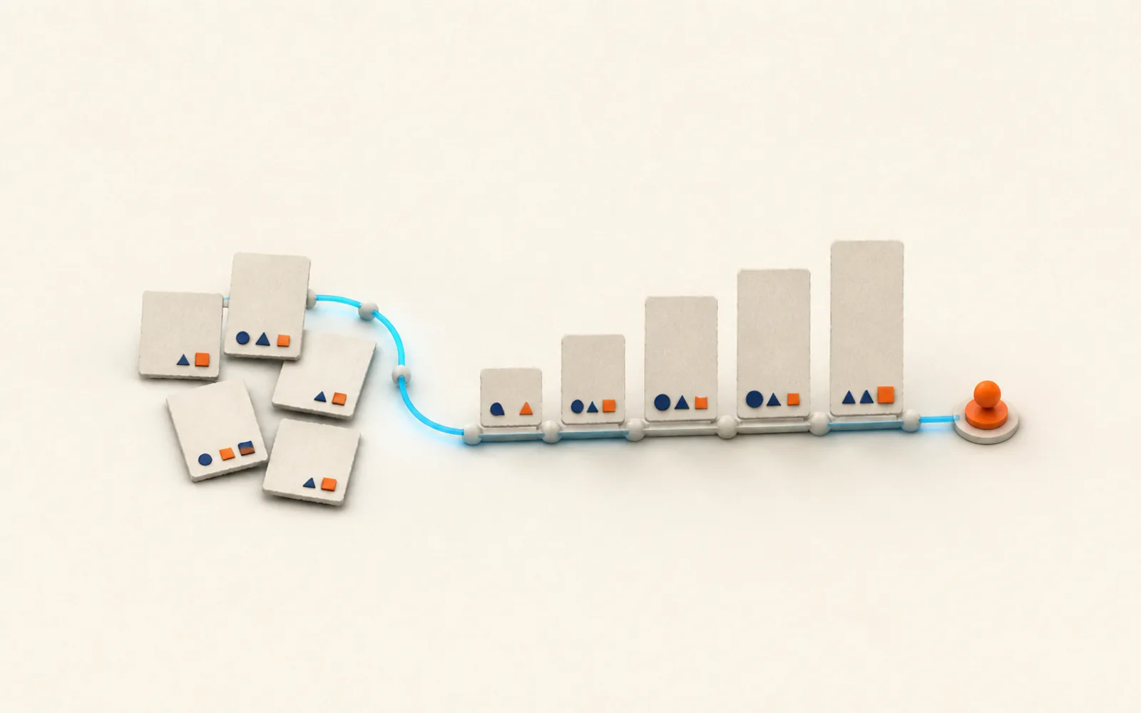 Loose blank article cards travel through a cyan guide and lock into five ordered modules ending at a safely inset orange marker.