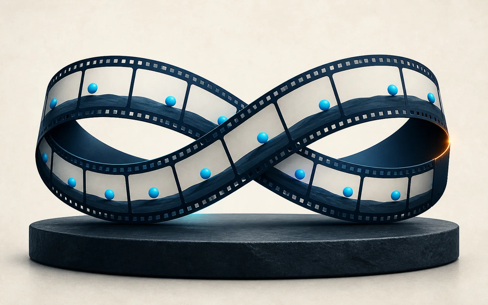 A navy filmstrip forms an infinity loop, showing a cyan orb advancing frame by frame toward a glowing orange seam.