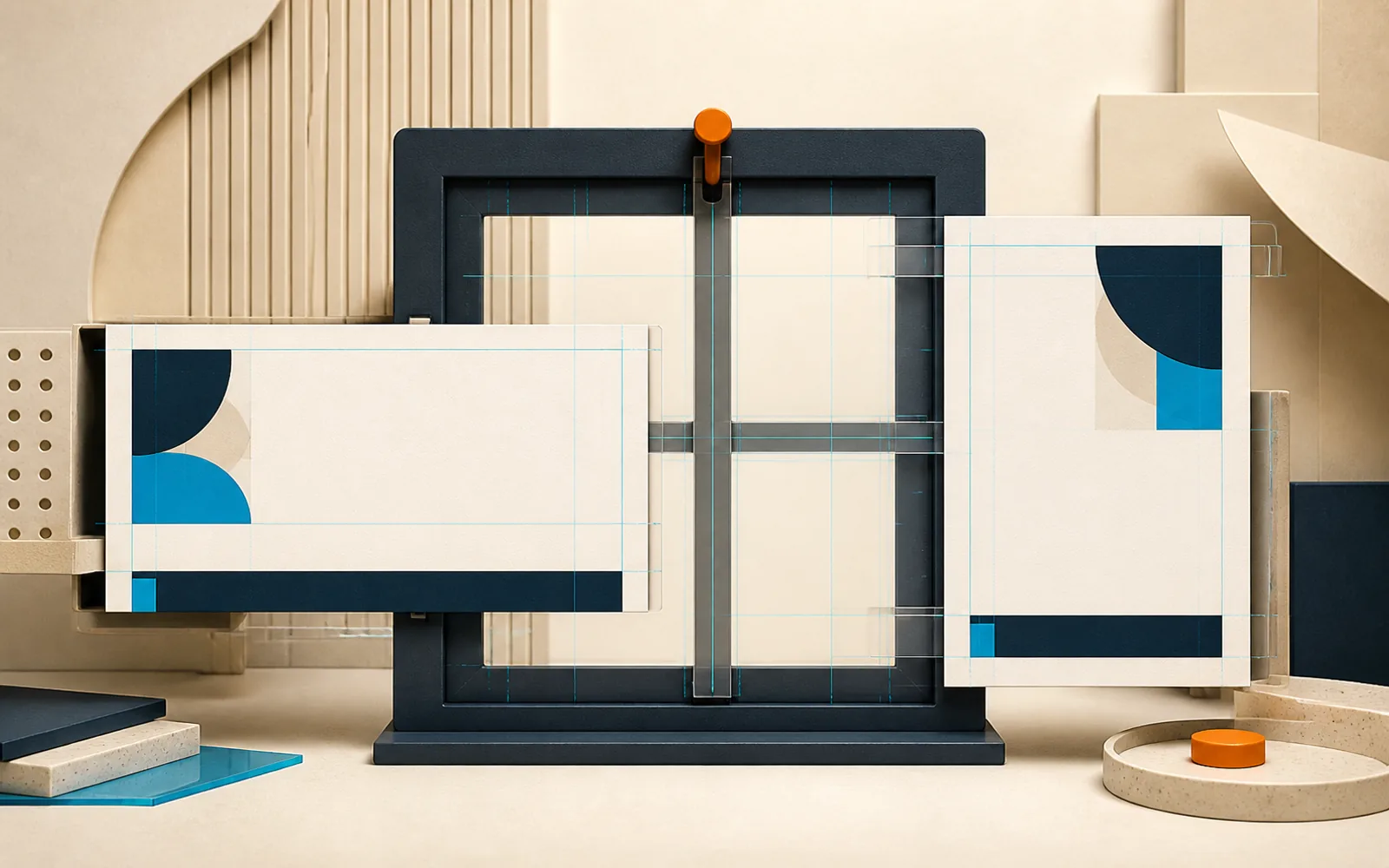 A dark master frame aligns a landscape presentation panel and portrait document to the same cyan grid, secured by one orange template pin.