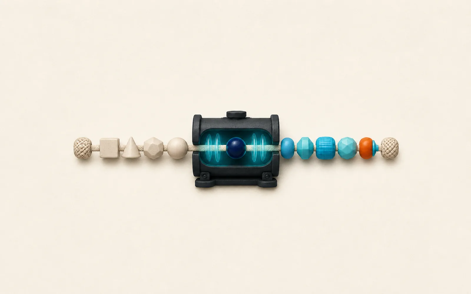 A complete capped strand of mismatched beads passes through a resonance chamber and emerges as a coherent cyan cadence with one orange beat.