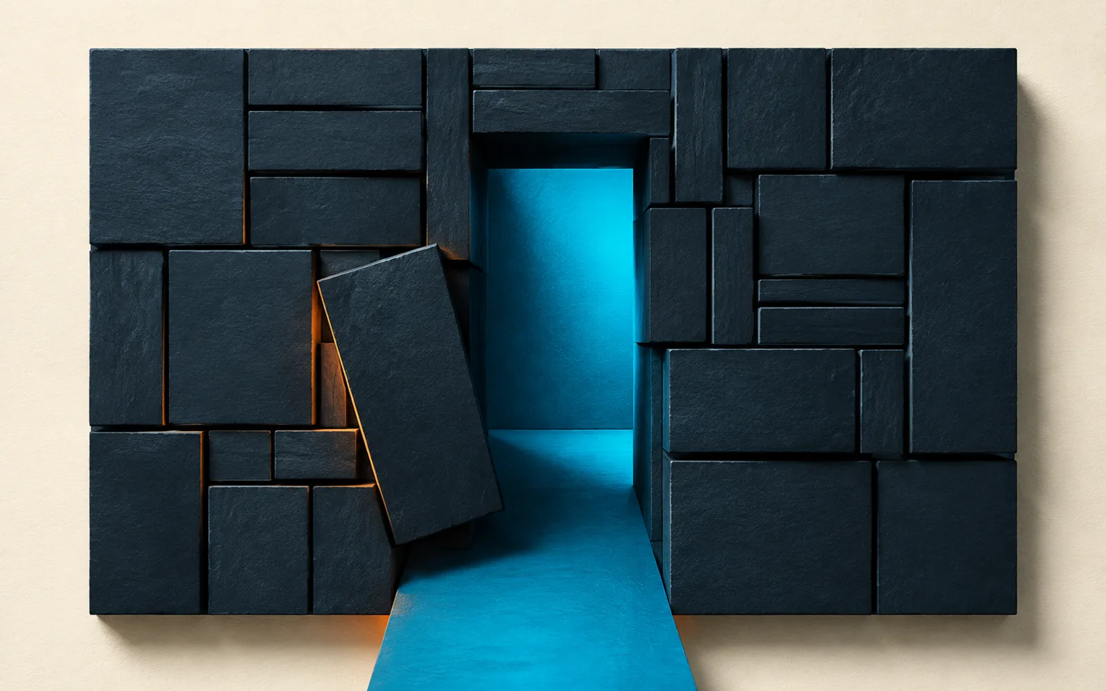 Dark slate schedule blocks part to reveal a cyan-lit open passage.
