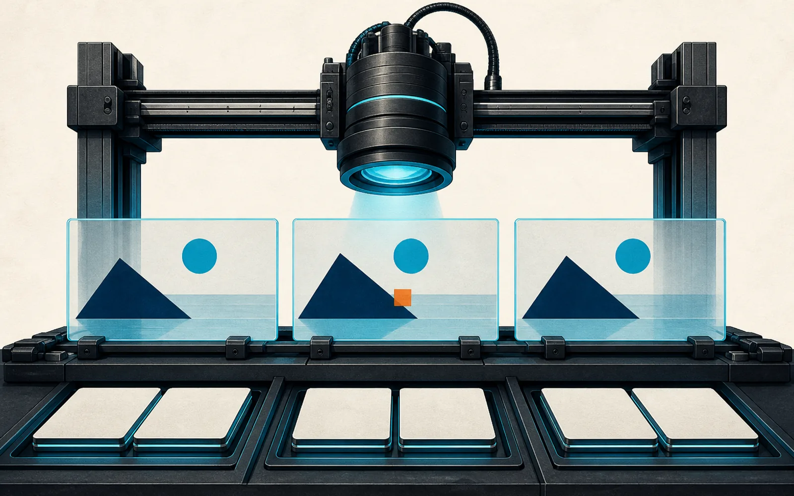 A cyan-lit inspection lens compares three glass application-state panes, isolates an orange discrepancy, and routes blank evidence plates into separate channels.