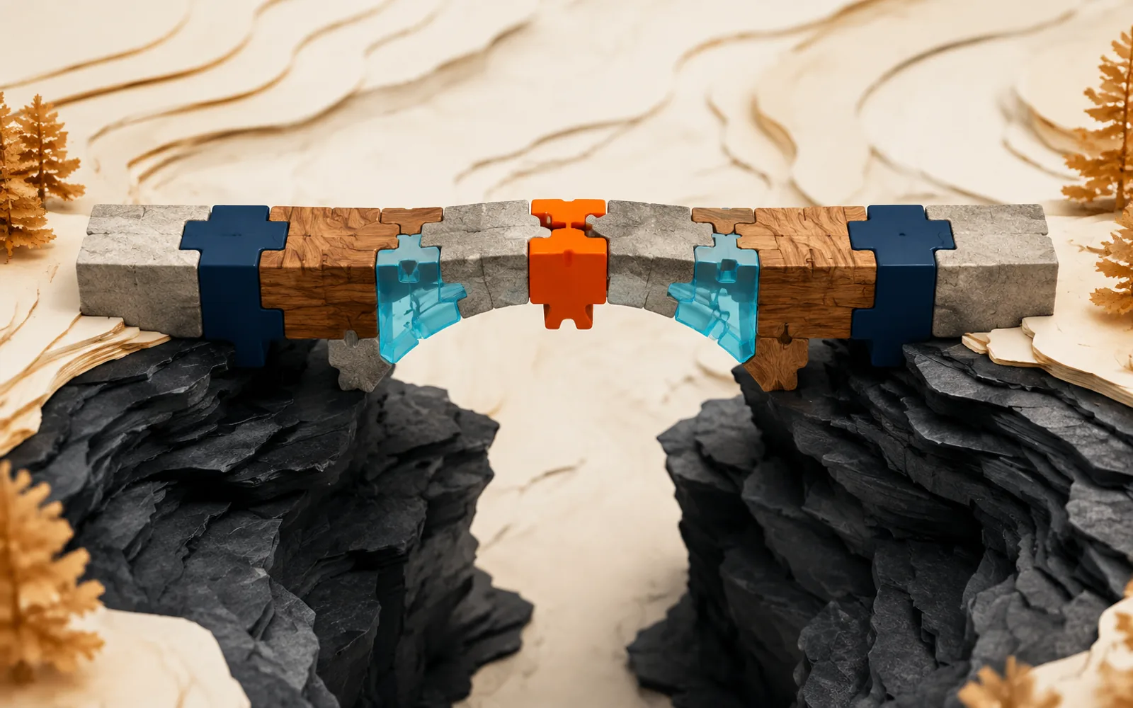 Interlocking stone, wood, navy, cyan, and orange modules form a bridge across a slate ravine.