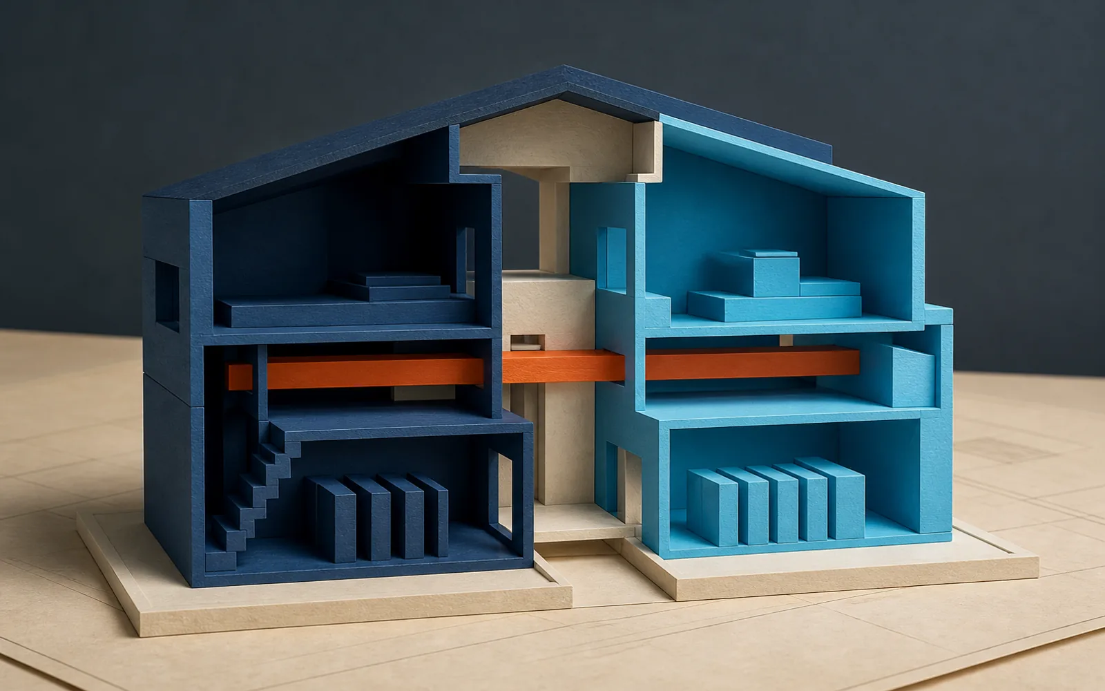 Cutaway model of interconnected navy and cyan rooms joined by an orange alignment beam.