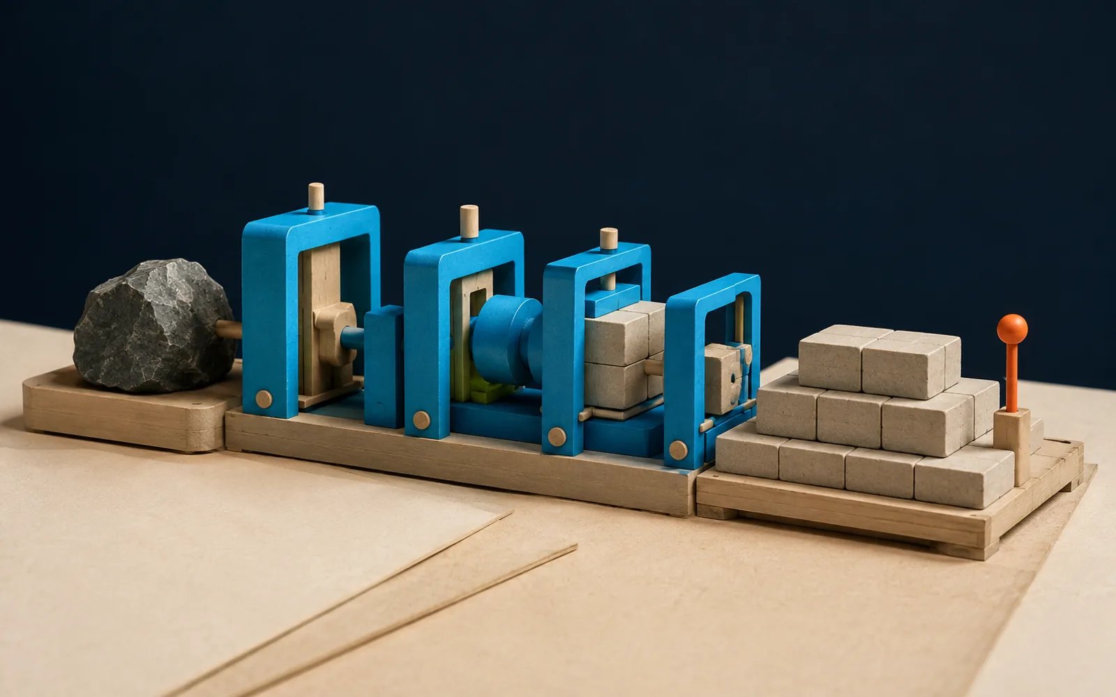 Rough stone moving through cyan shaping gates into a stable stack of fitted blocks.