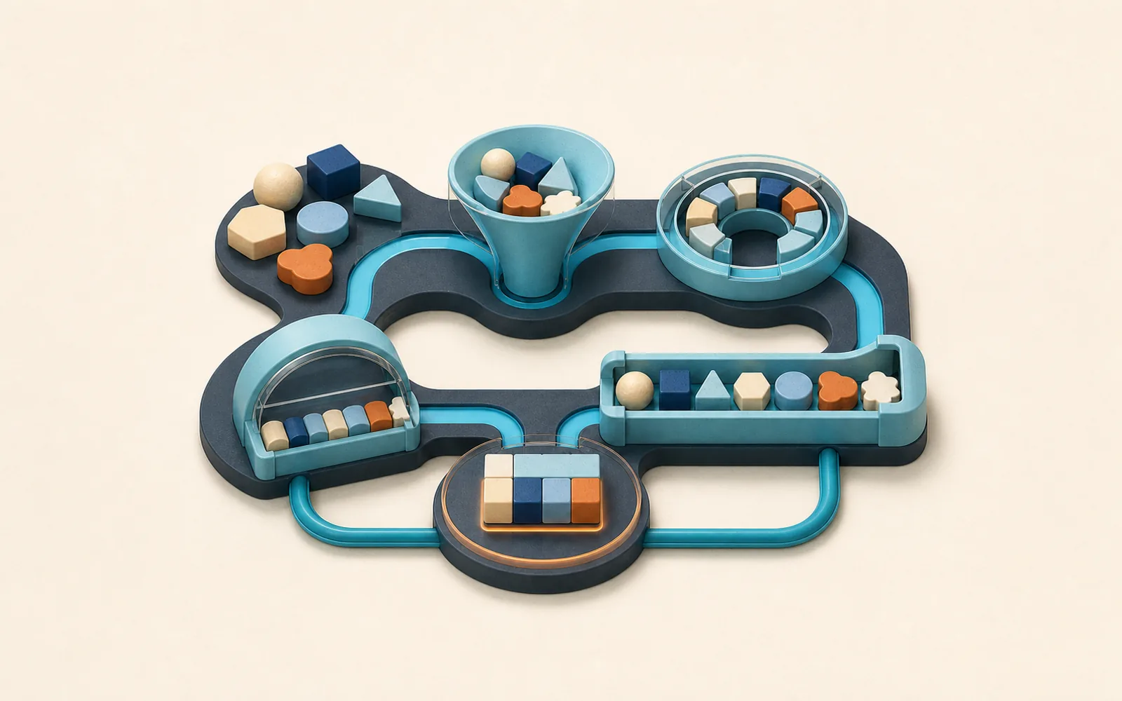 Varied workpieces move through four connected mechanisms on a compact operating bench and emerge as one reusable orange-and-cyan module.