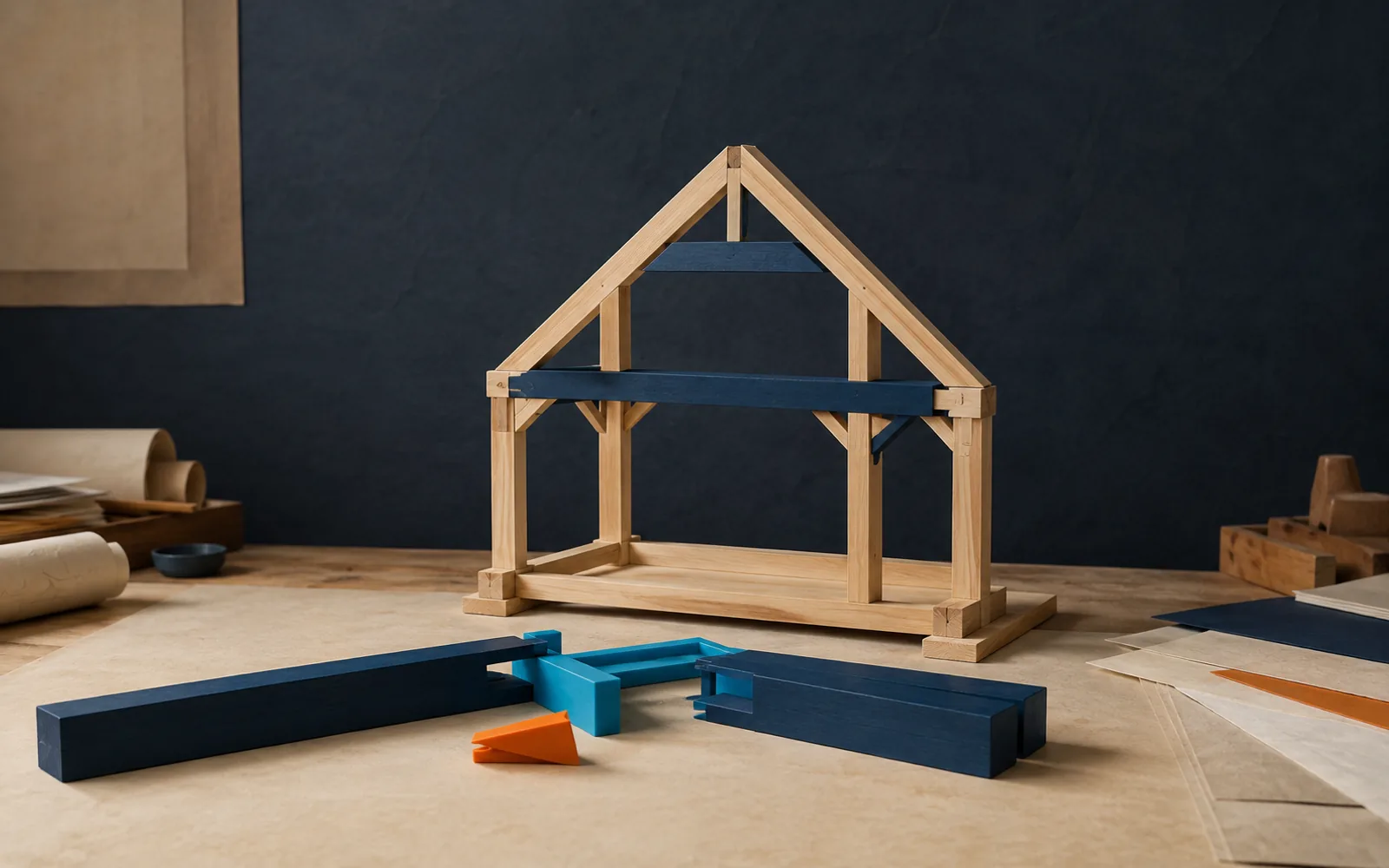 Wooden structural frame with measured navy beams, a cyan joinery jig, and an orange locking wedge.