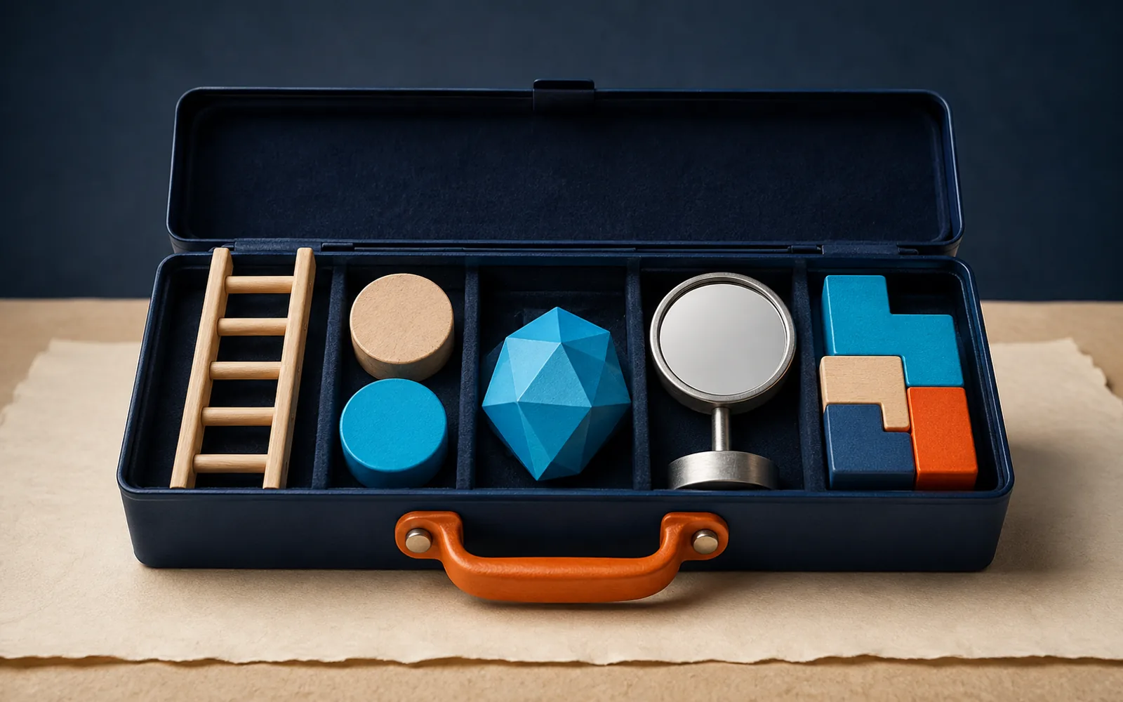 Open navy toolbox holding a ladder, faceted simulation piece, mirror, and interlocking blocks.
