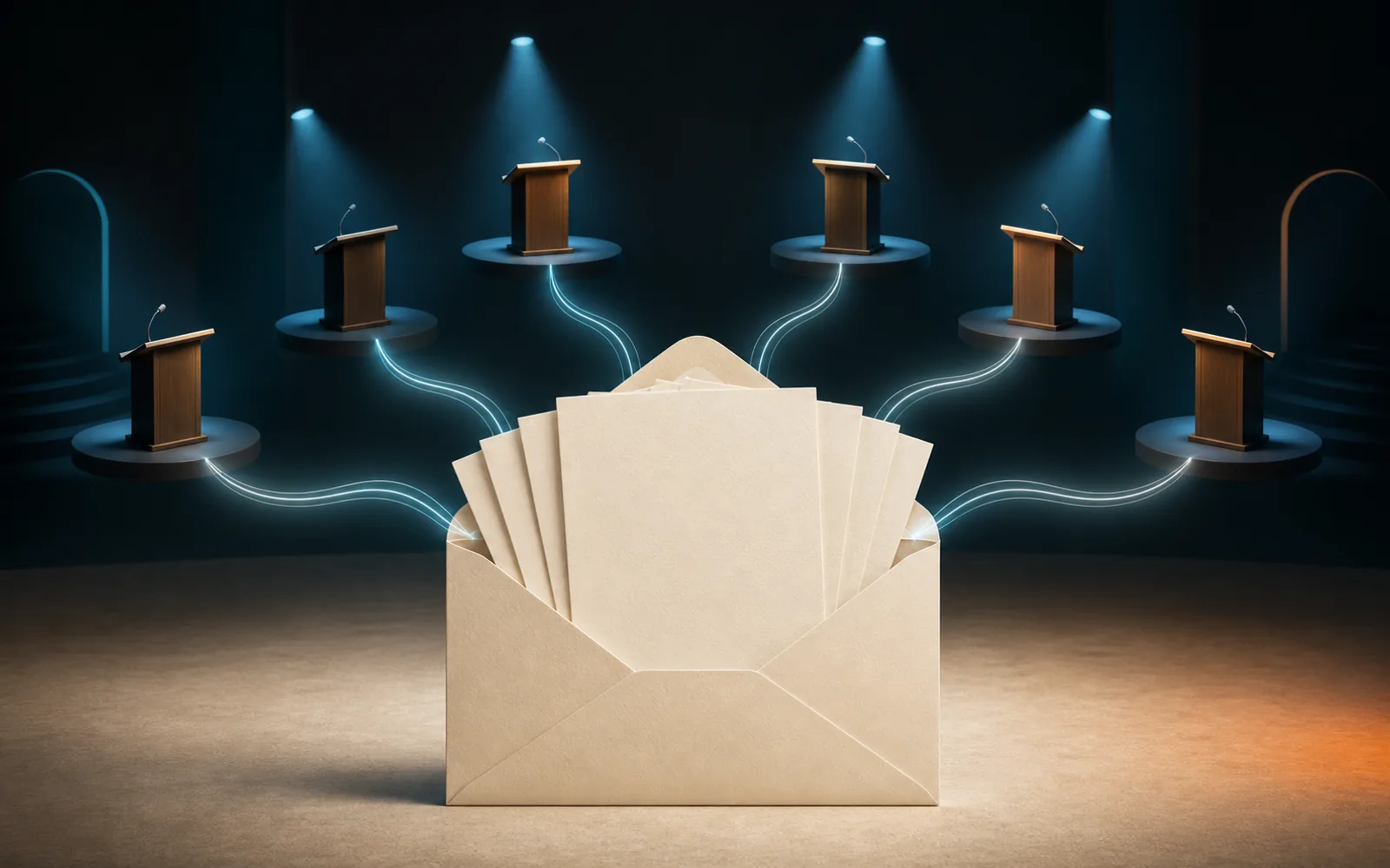 Blank speaker invitation cards gathered from illuminated conference lecterns into one open digest envelope.
