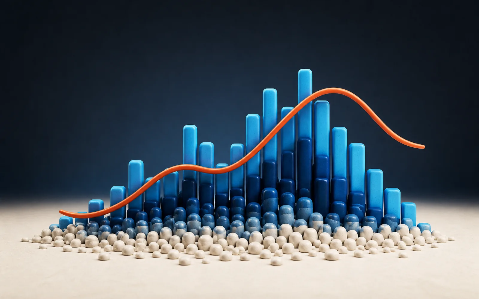 Ceramic data pebbles rising into cyan columns beneath a smooth orange trend line.