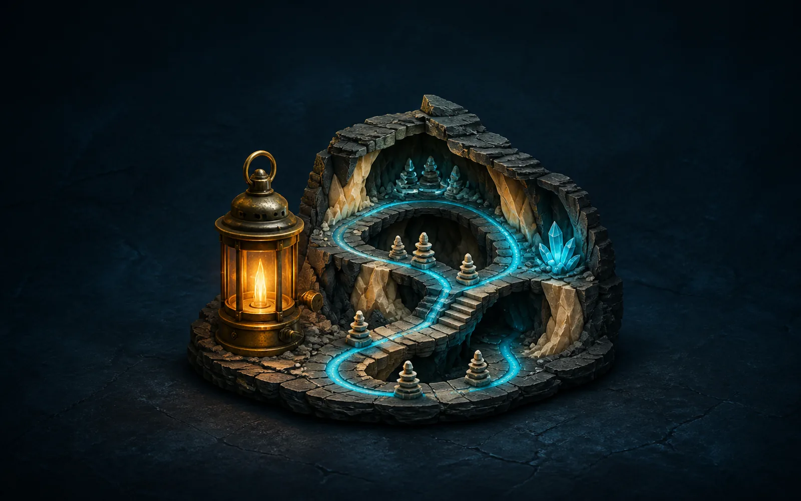 A brass lantern illuminates a compact winding cavern route marked by orderly stone checkpoints.