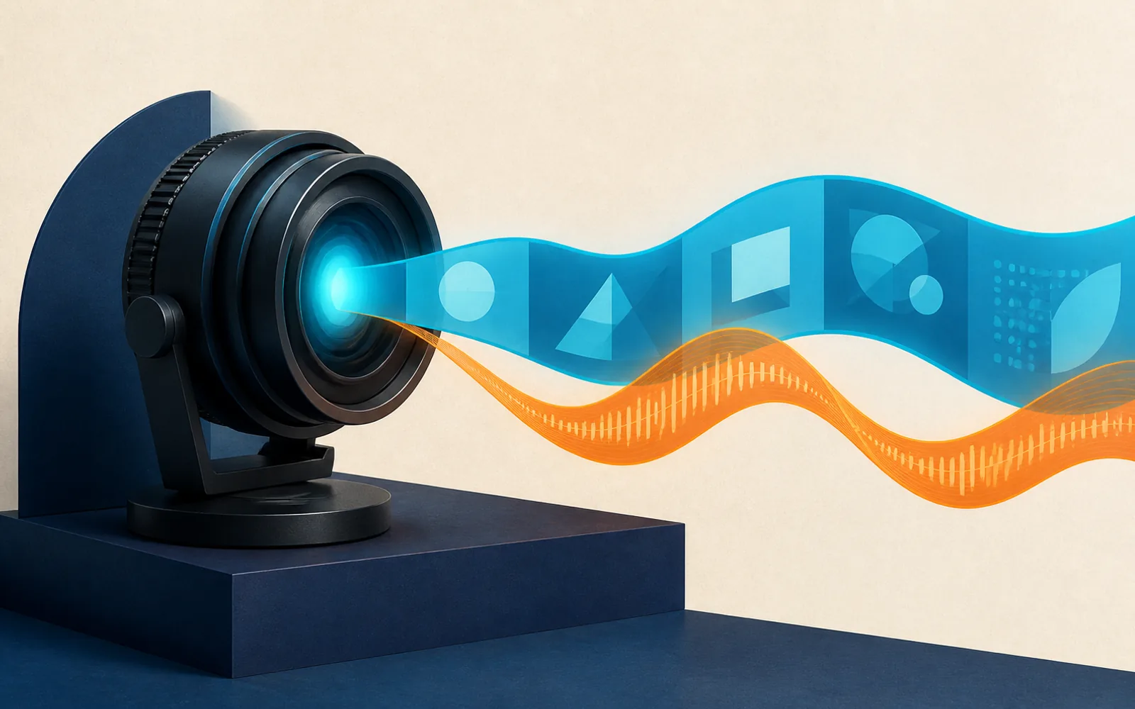 A sculptural camera lens projects a cyan ribbon of abstract screen moments beside an orange narration waveform.