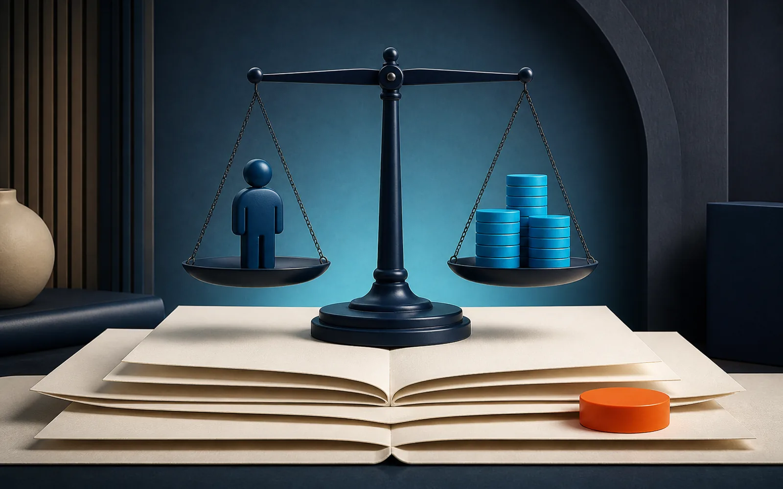 Balanced scale holding an abstract worker figure and accounting tokens above blank paper layers.