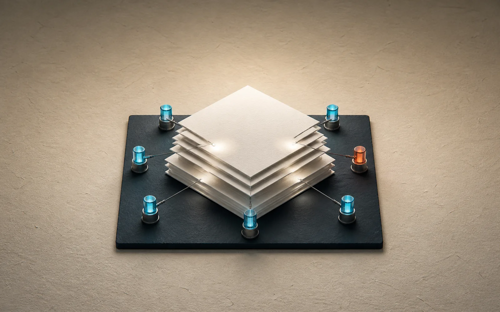 Blank paper stack surrounded by cyan research beacons casting precise light onto selected areas.