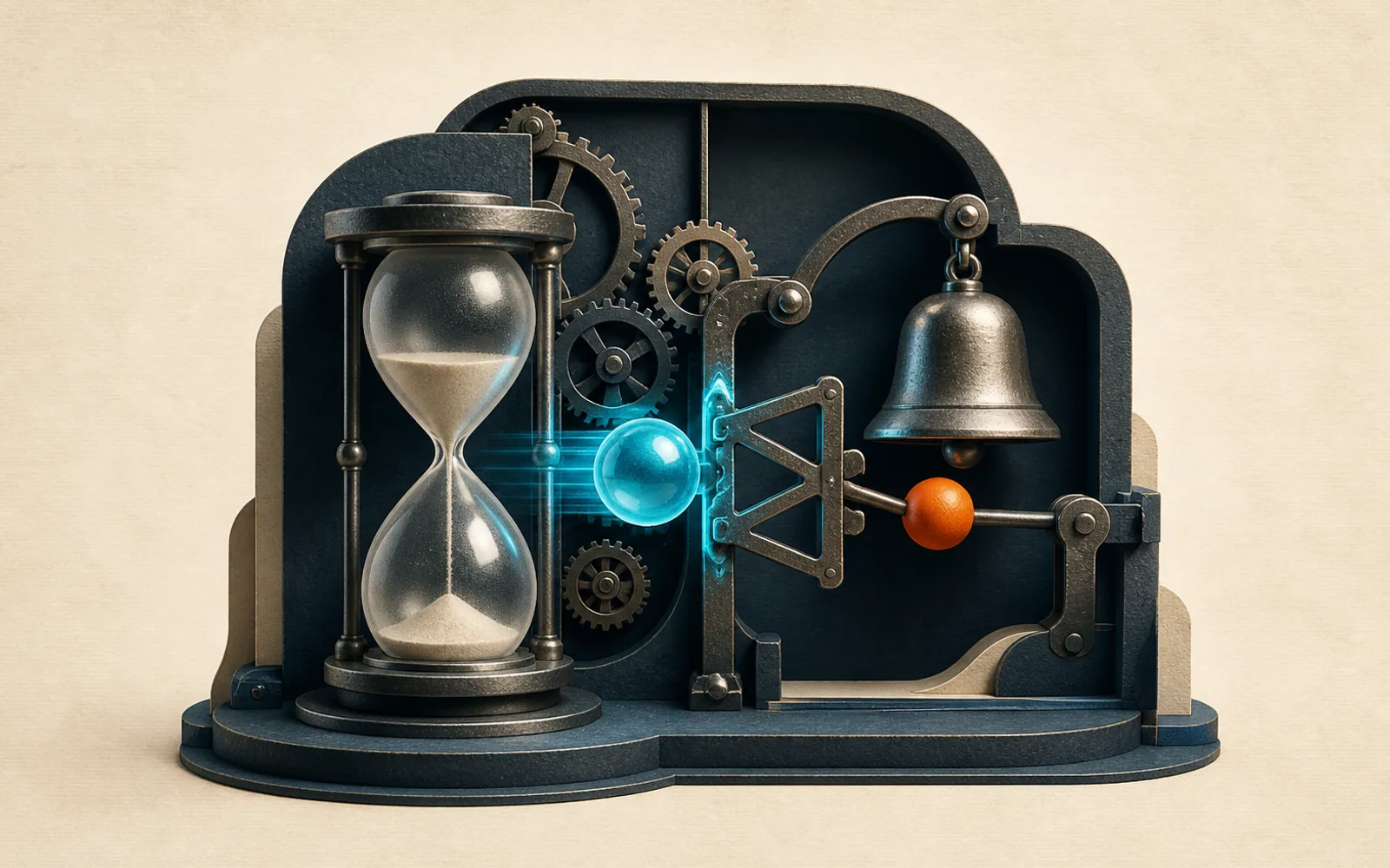 Cyan update sphere holds a safety gate between an hourglass and a reminder chime.