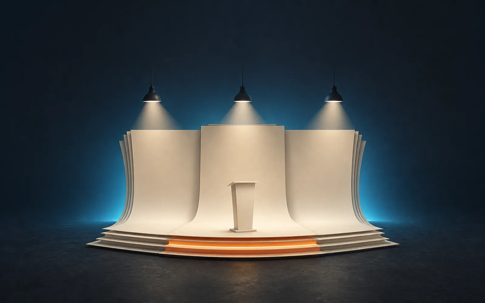 Blank paper sheets form a compact conference stage beneath three focused lights.