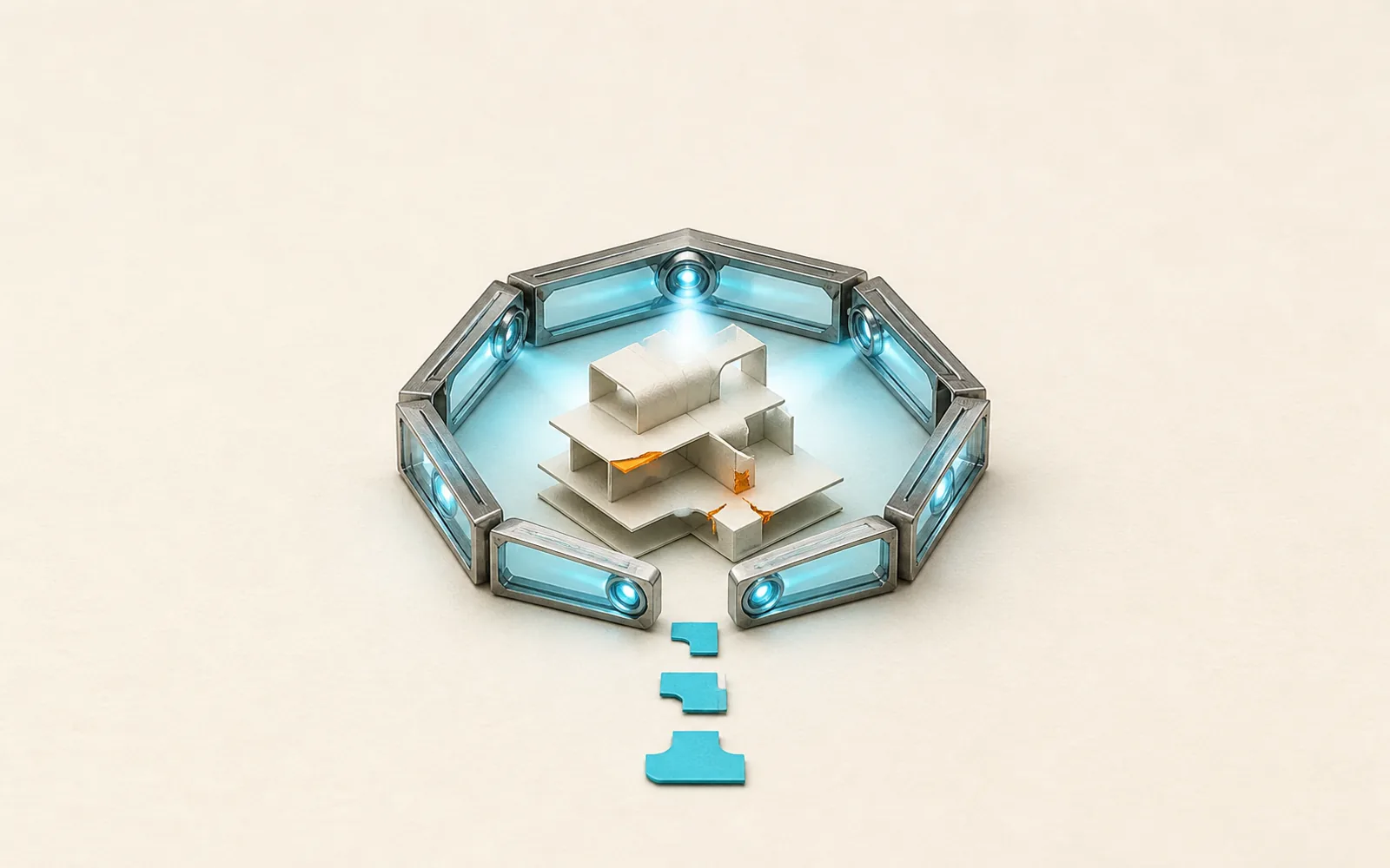 Seven-facet inspection halo reveals orange flaws in a paper structure with cyan repair pieces queued below.