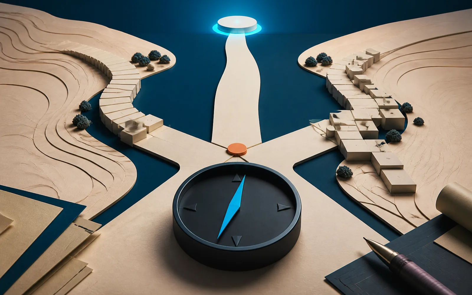 An unmarked compass directs three physical paths toward a glowing destination, with simple and modular routes branching to either side.